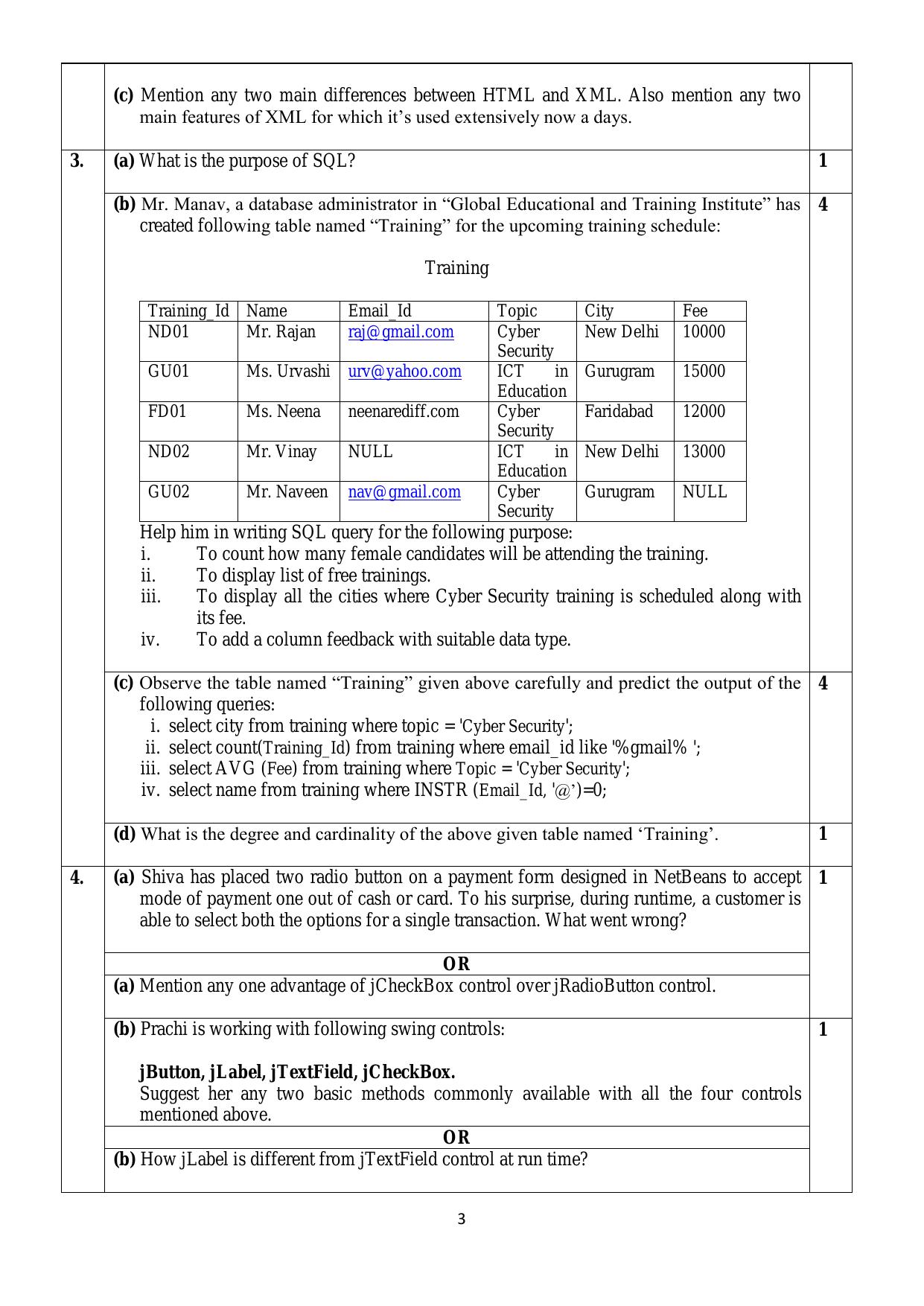 CBSE Class 12 Informatics Practices - Old -Sample Paper 2019-20 - Page 3