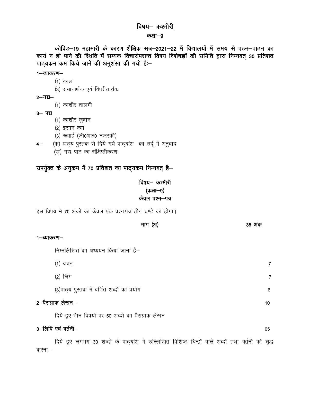 UP Board 9th Syllabus Kashmiri - Page 1