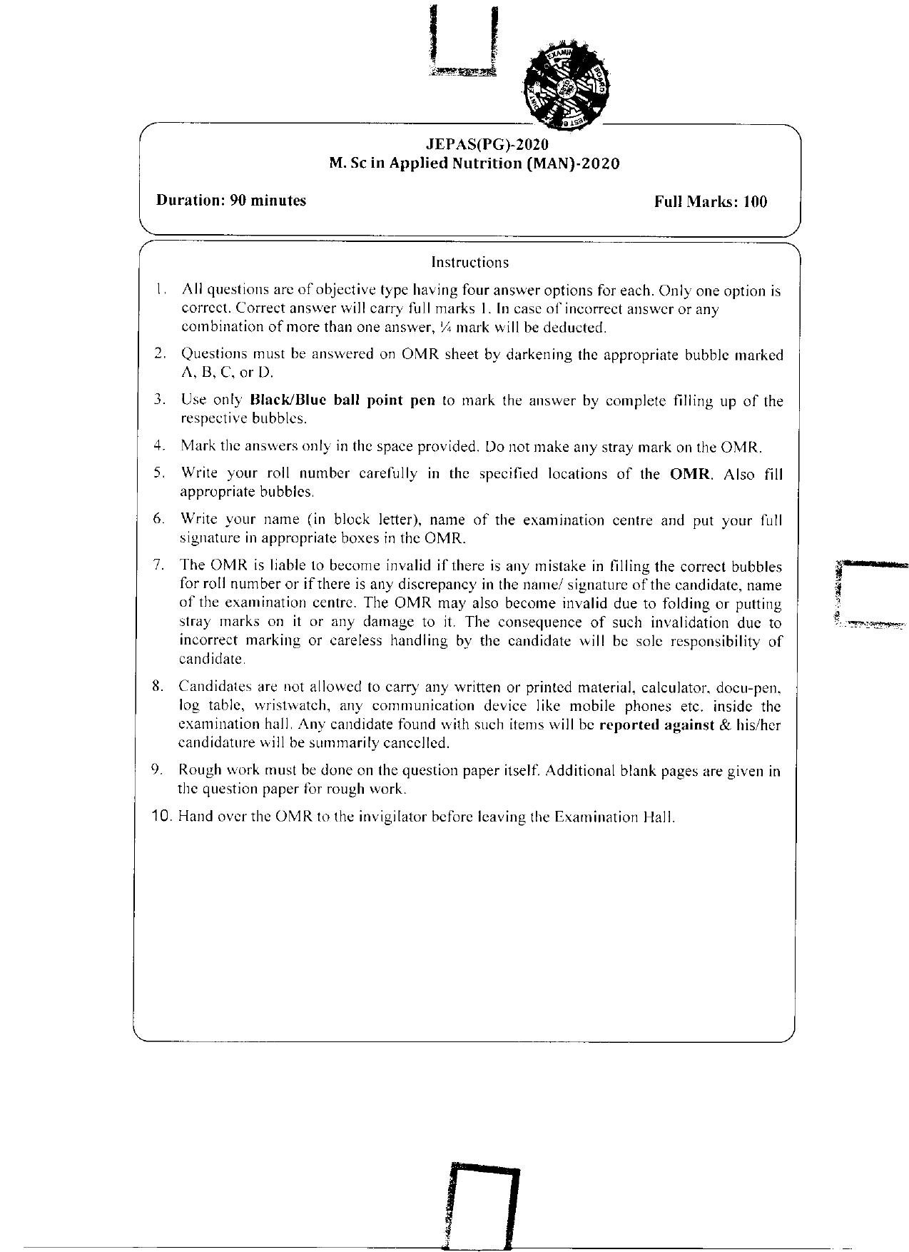 WBJEEB JEMAS (PG) 2020 MAN Question Paper - Page 1