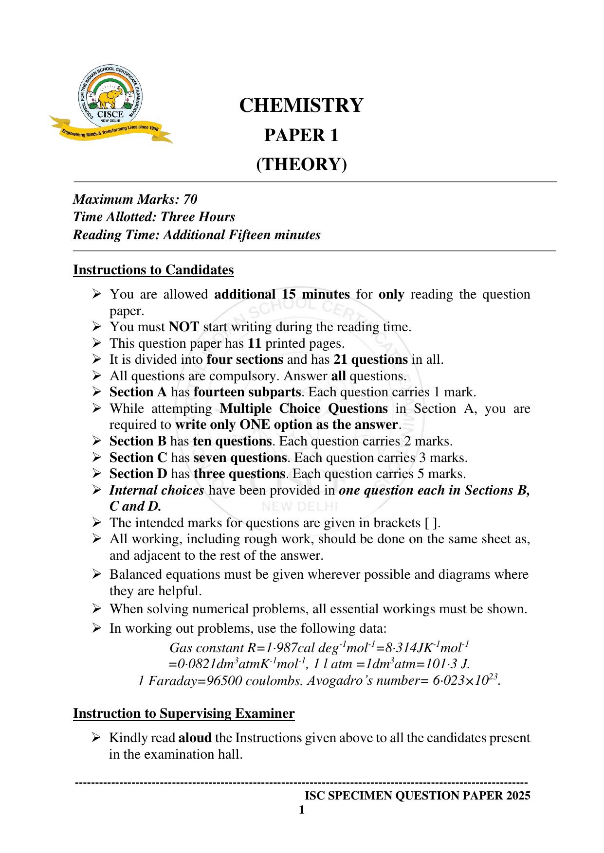 ISC Class 12 2025 CHEMISTRY (SQP & AK) Specimen Paper - Page 1