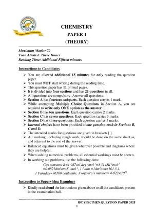 ISC Class 12 2025 CHEMISTRY (SQP & AK) Specimen Paper