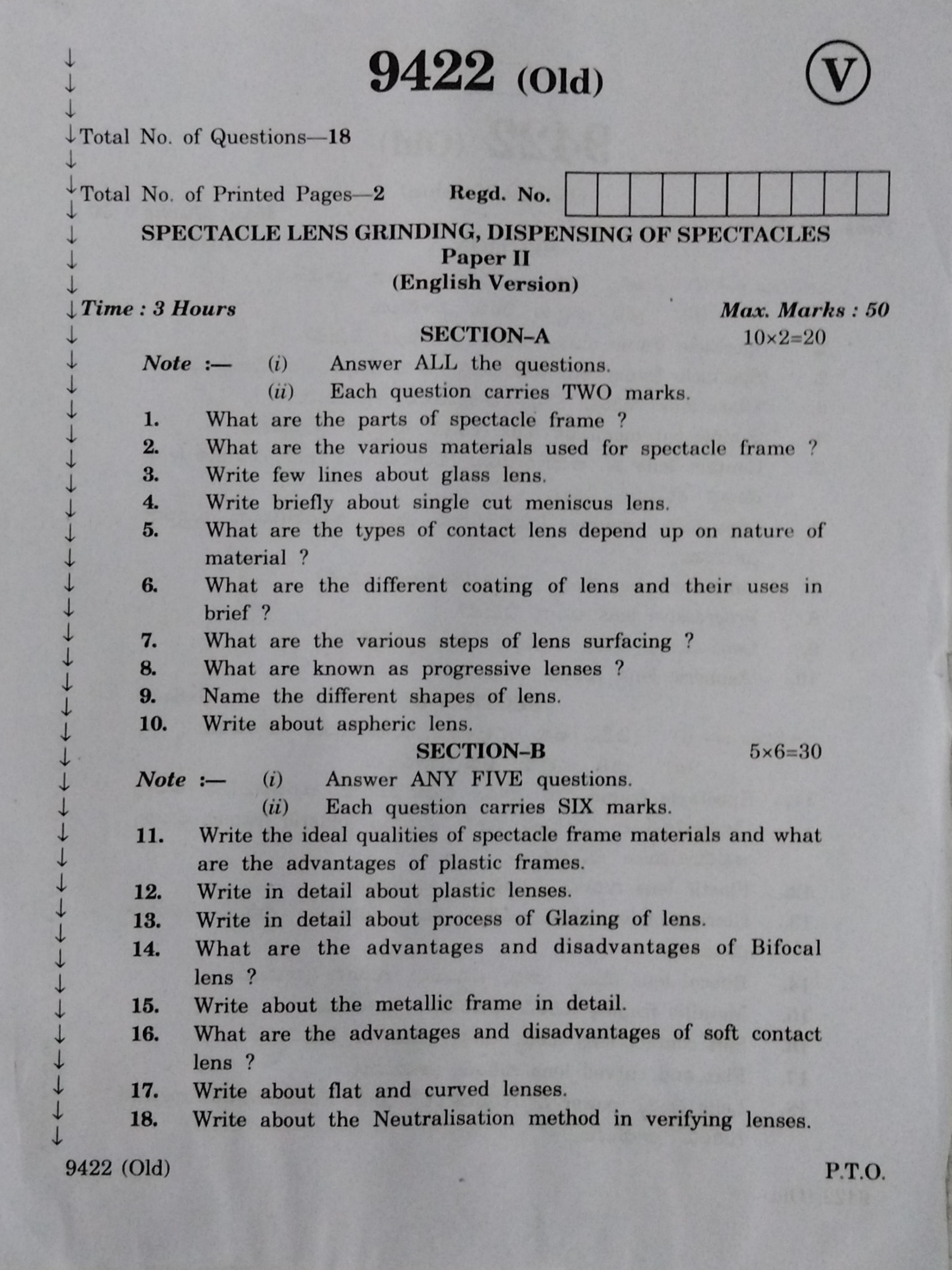 AP Inter 2nd Year Vocational Question Paper March - 2020 - Spectacle Lens Grinding Dispensing of Spectacles-II (old) - Page 1