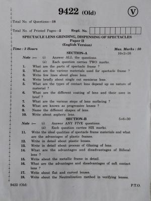 AP Inter 2nd Year Vocational Question Paper March - 2020 - Spectacle Lens Grinding Dispensing of Spectacles-II (old)