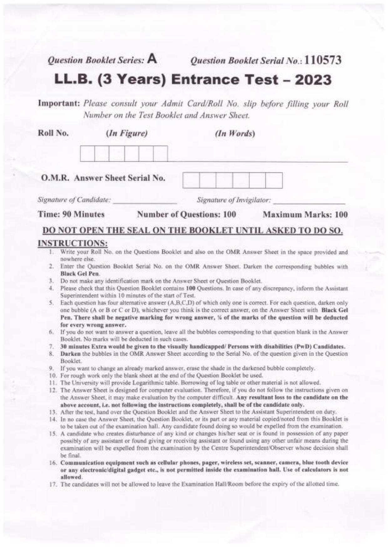 PU LLB 2023 Question Paper - Page 1