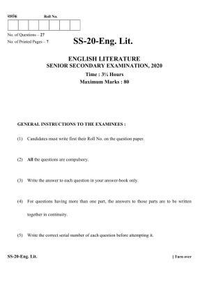 Class 12 2020 English Literature RBSE Question Paper