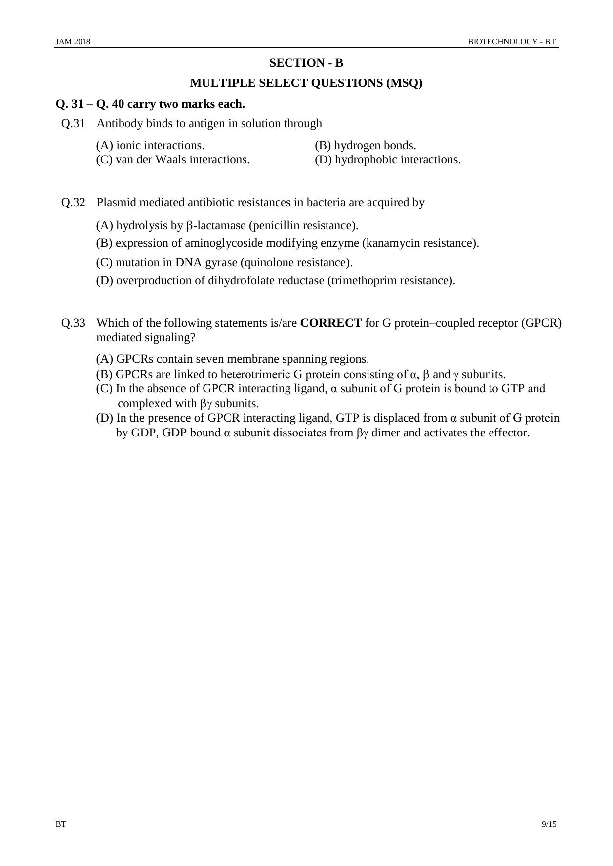 JAM 2018: BT Question Paper - Page 9