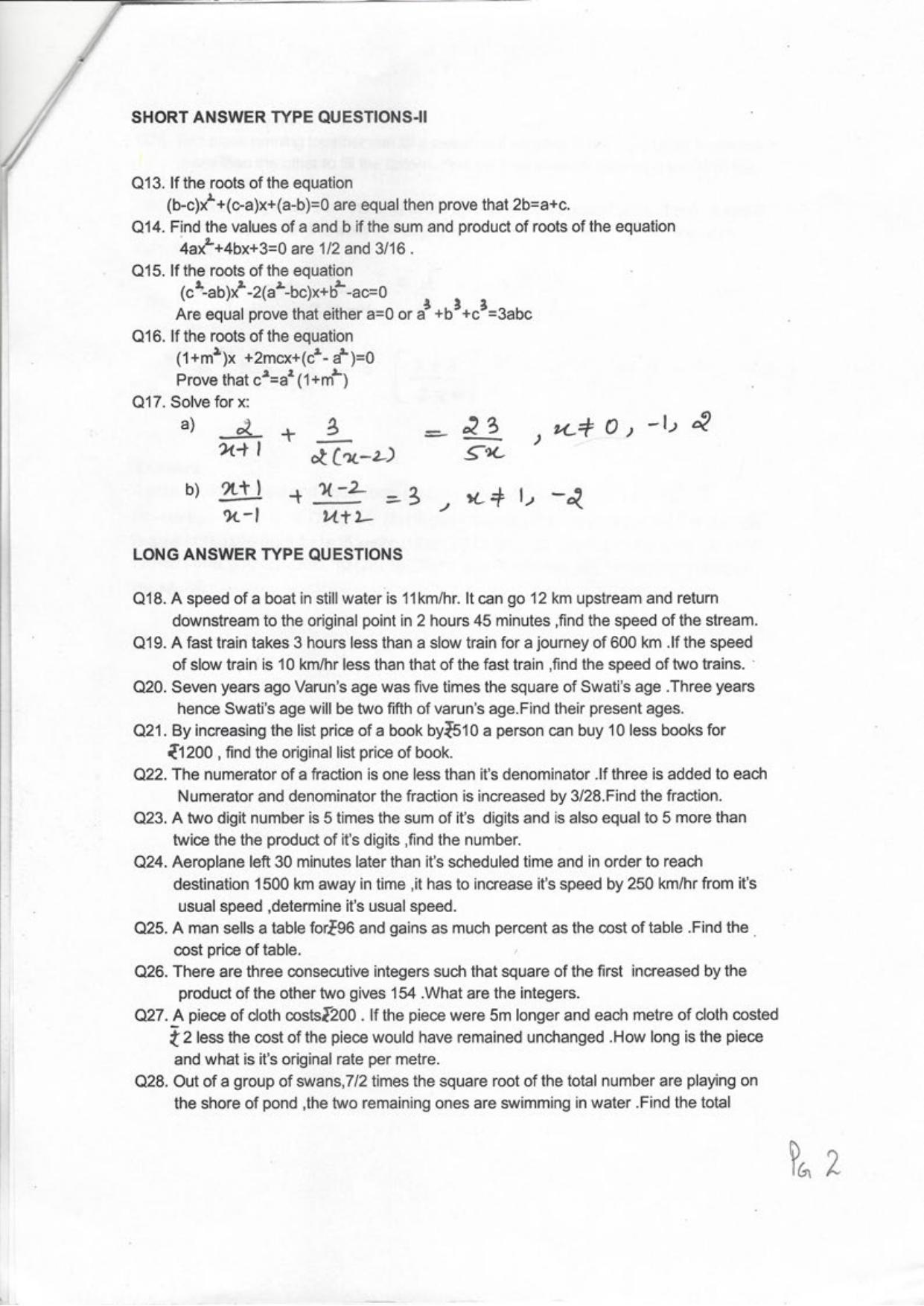 CBSE Worksheets for Class 10 Maths Quadratic Equation Assignment 13 - Page 2