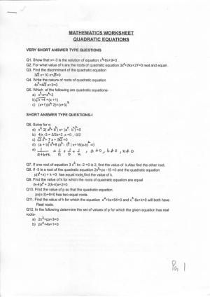 CBSE Worksheets for Class 10 Maths Quadratic Equation Assignment 13