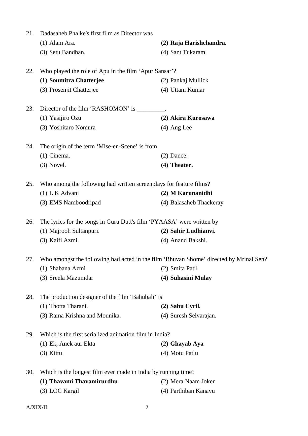 FTII JET Common Objective Paper Part-I (Film Wing) 2019 Question Paper - Page 7