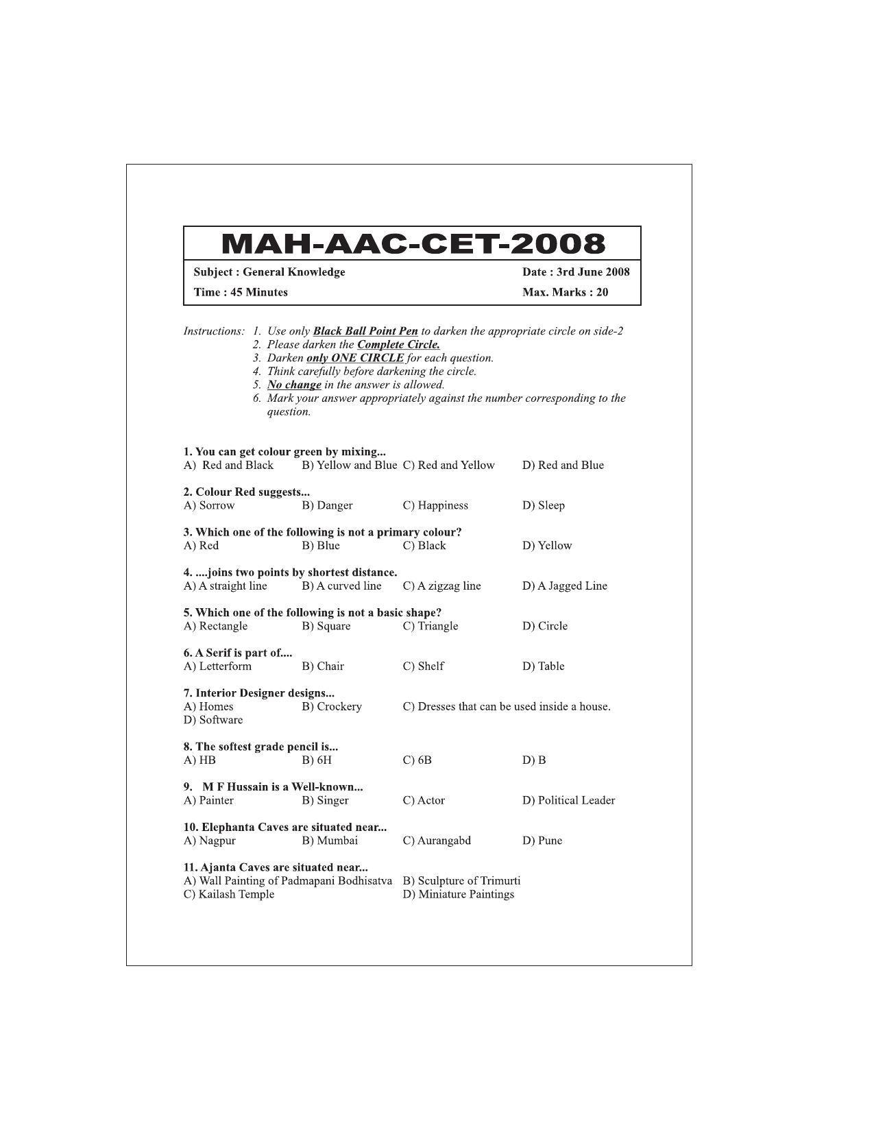 MH AAC CET 2006, 2007, 2008, 2009, 2010 Question Paper - Page 14