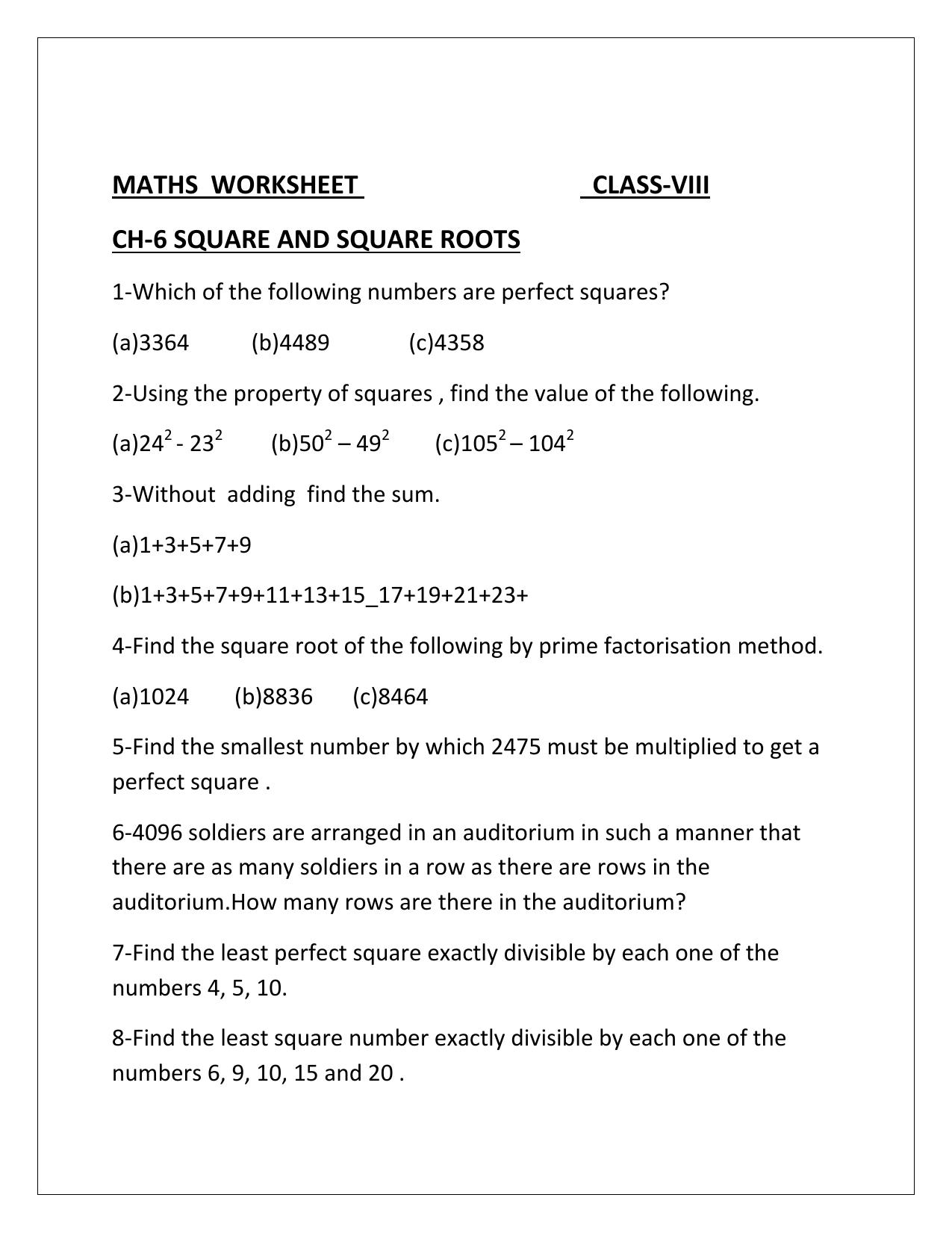 CBSE Worksheets for Class 8 Mathematics Square and Square Root Assignment 4 - Page 1