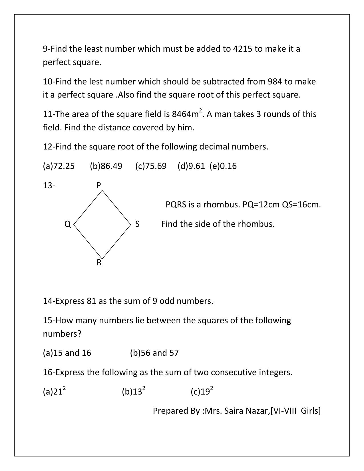 CBSE Worksheets for Class 8 Mathematics Square and Square Root Assignment 4 - Page 2