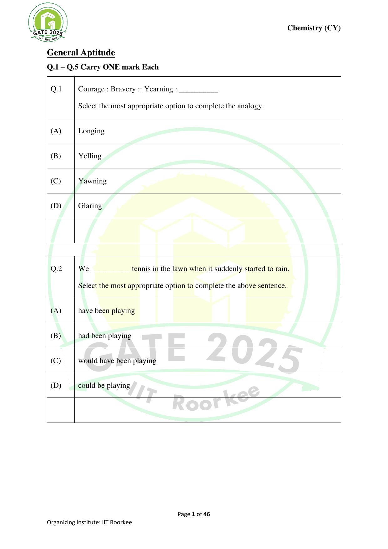 GATE 2025 Chemistry (CY) Question Paper - Page 1
