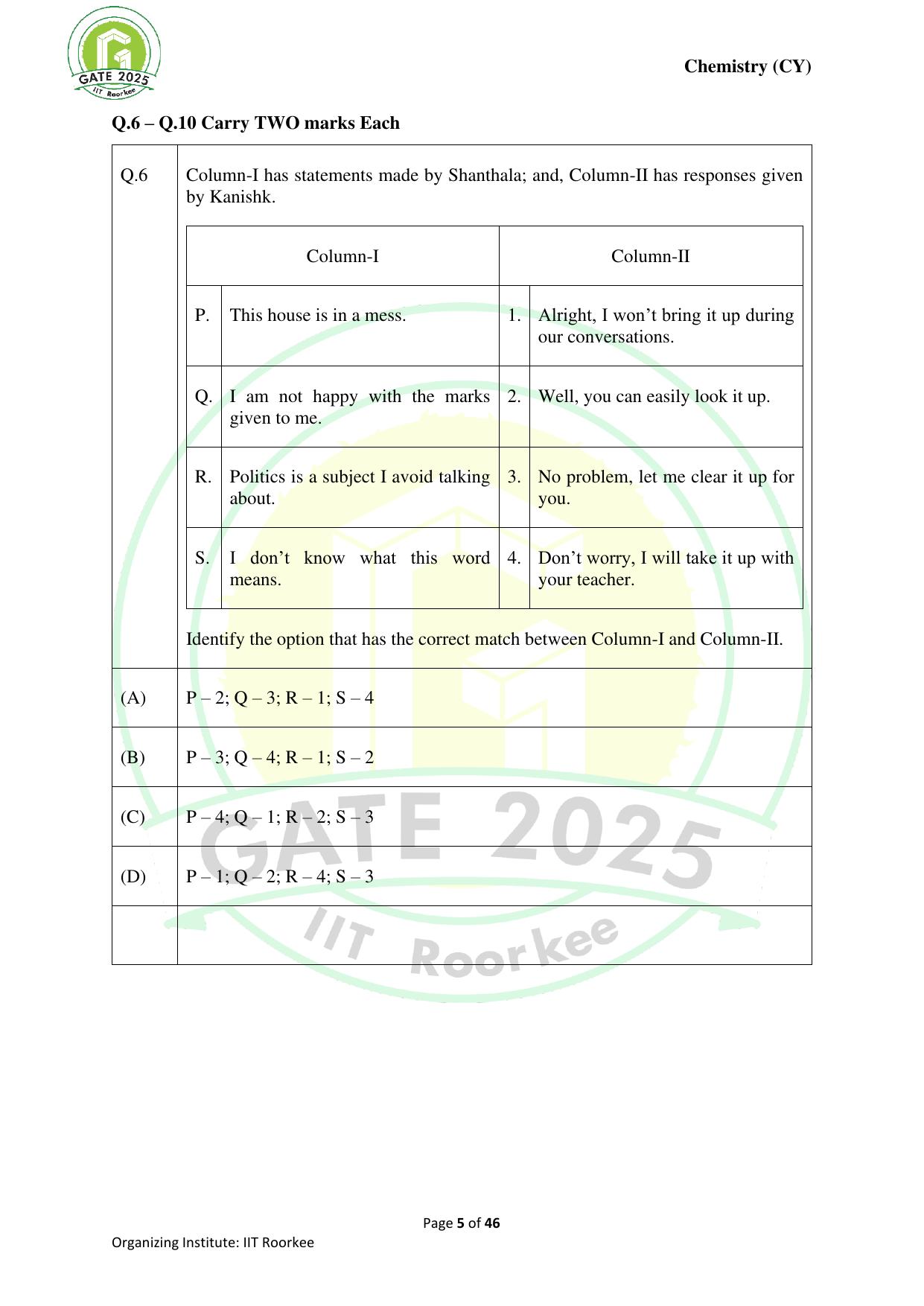 GATE 2025 Chemistry (CY) Question Paper - Page 5