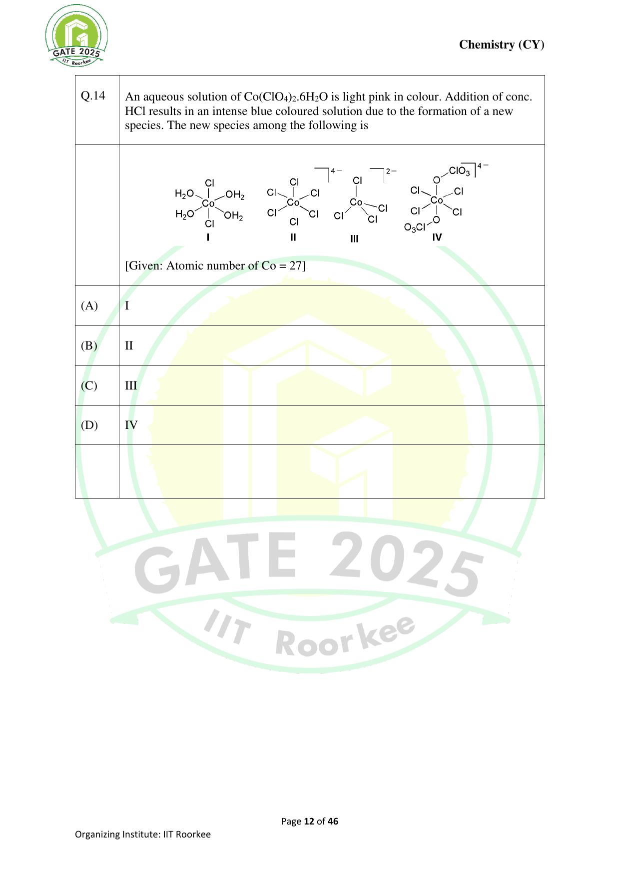 GATE 2025 Chemistry (CY) Question Paper - Page 12