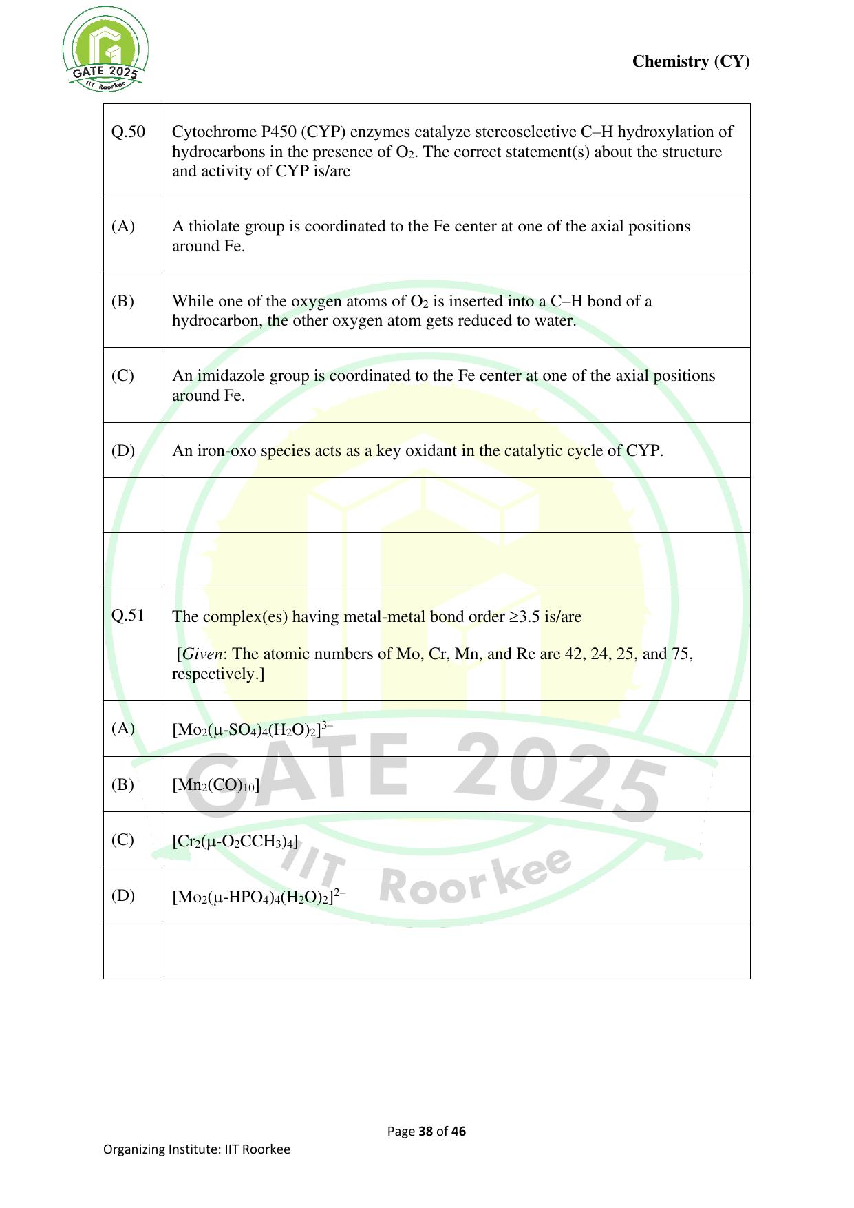 GATE 2025 Chemistry (CY) Question Paper - Page 38