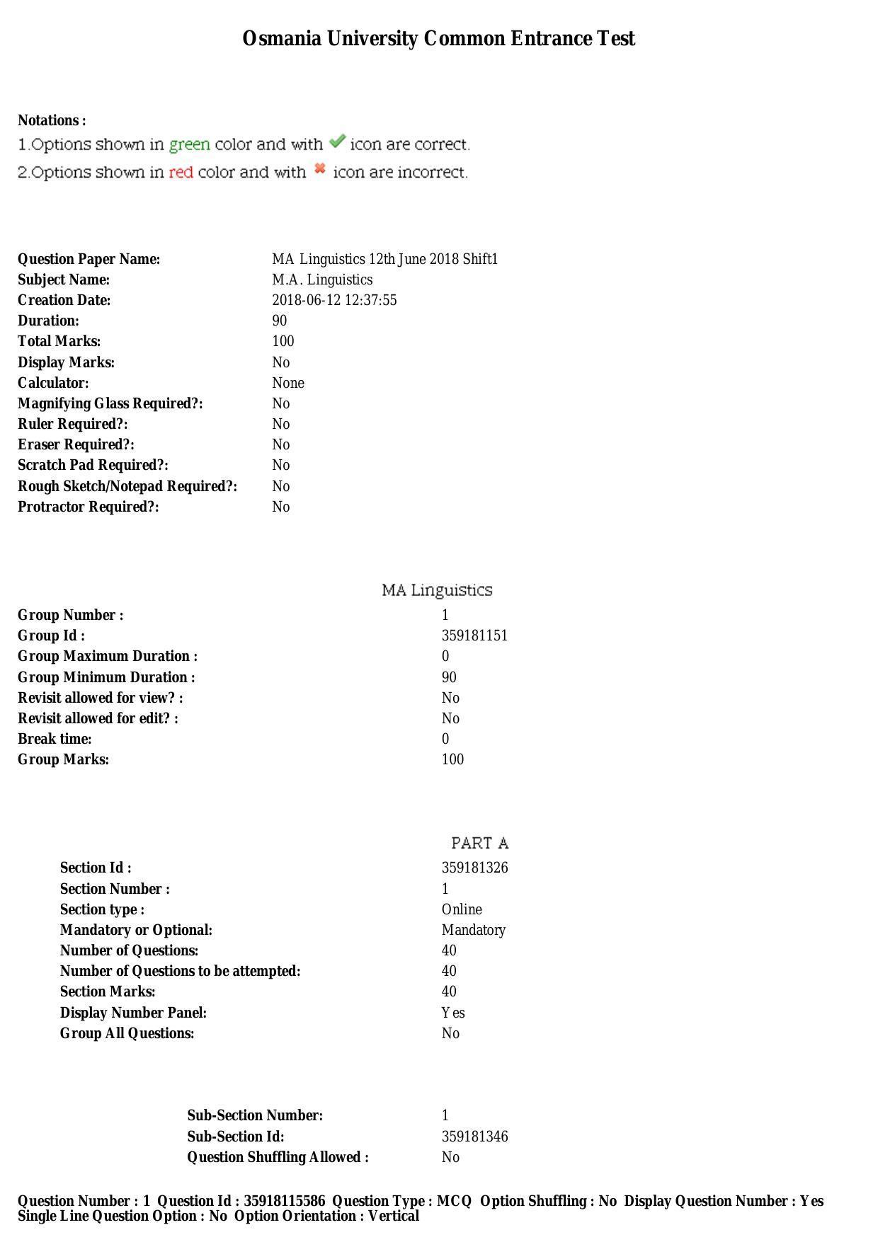 TS CPGET 2018 M.A. Linguistics (Shift 1) Question Paper with Answer Key - Page 1