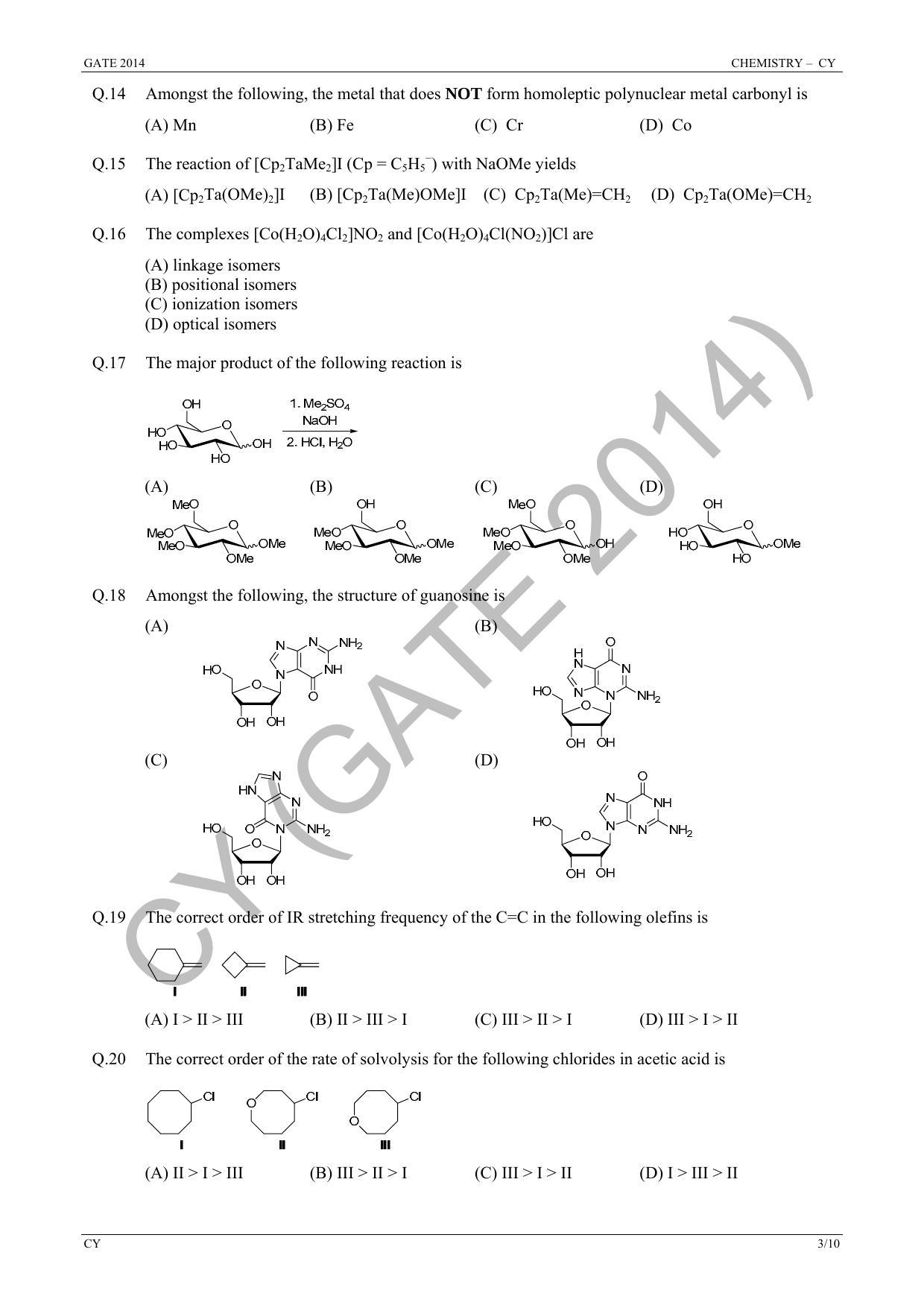 GATE 2014 Chemistry (CY) Question Paper with Answer Key - Page 9