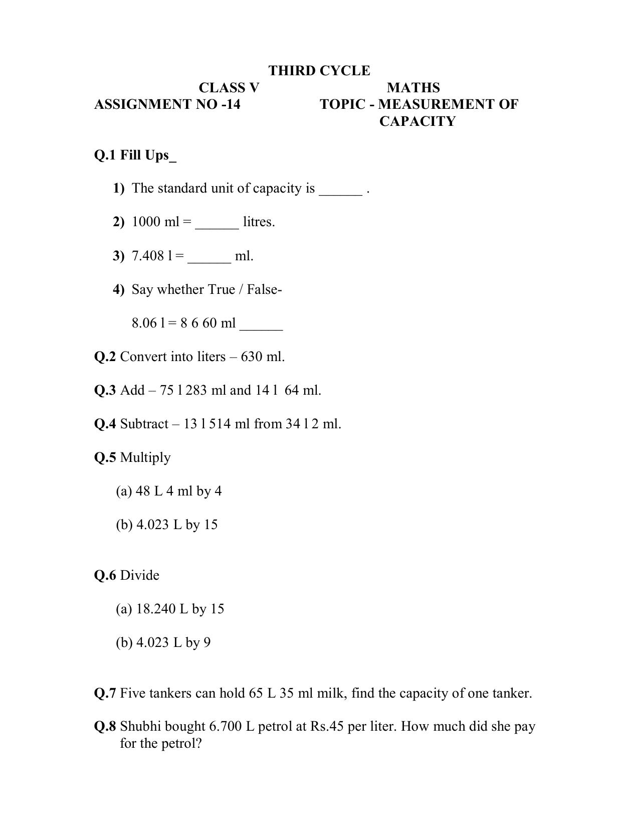 Worksheet for Class 5 Maths Assignment 41 - Page 1