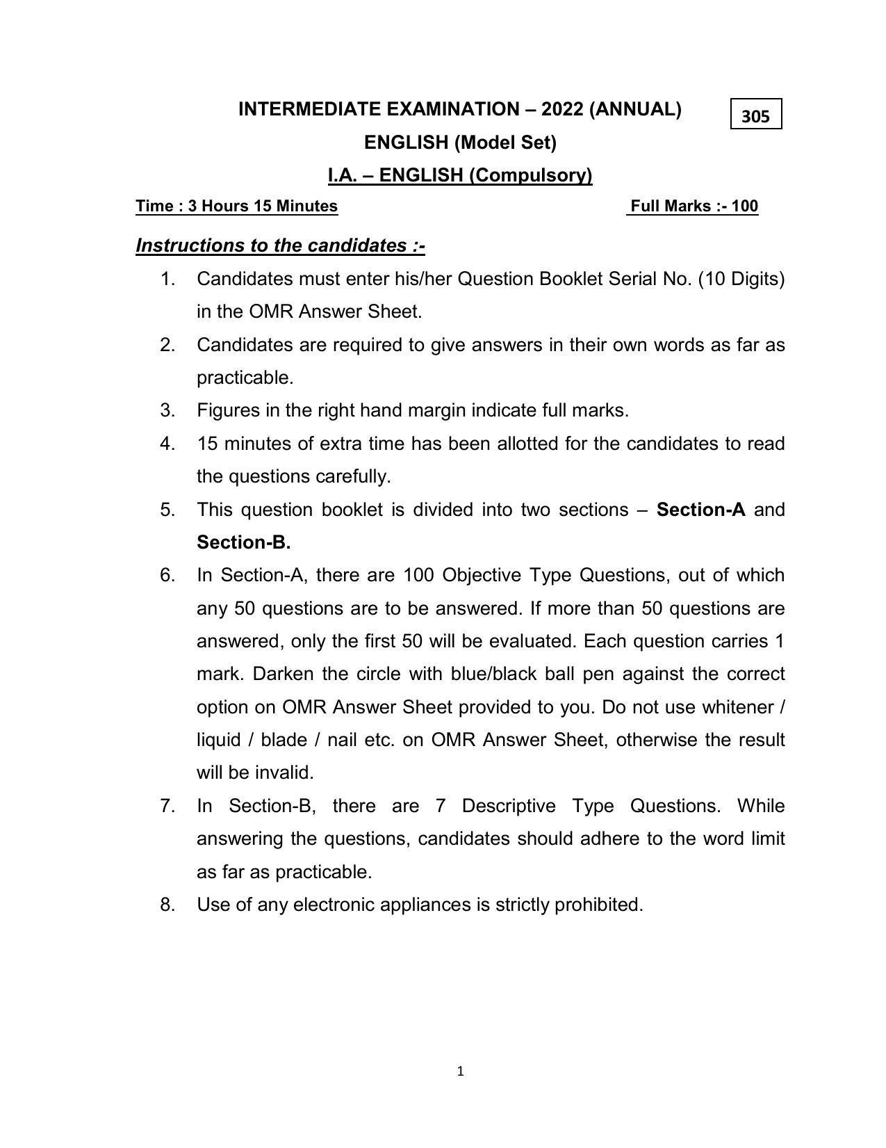 Bihar Board 12th Model Paper 2022 -English (I.A.) - Page 1