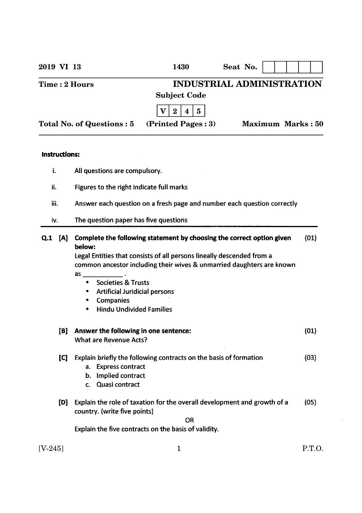Goa Board Class 12 Industrial Administration   (June 2019) Question Paper - Page 1