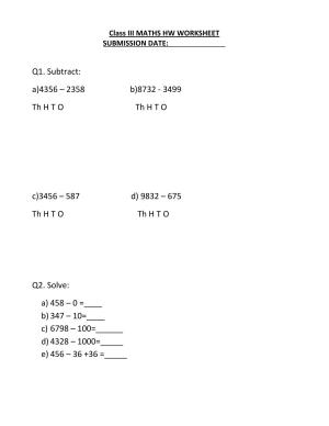 Worksheet for Class 3 Mathematics Subtraction Assignment I