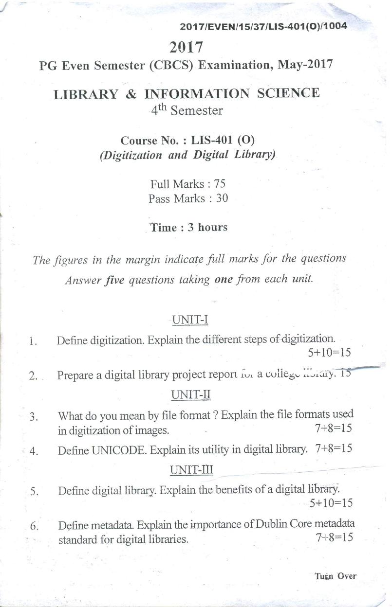 Assam University MLiSc (401) May-2017 Question Paper - Page 1