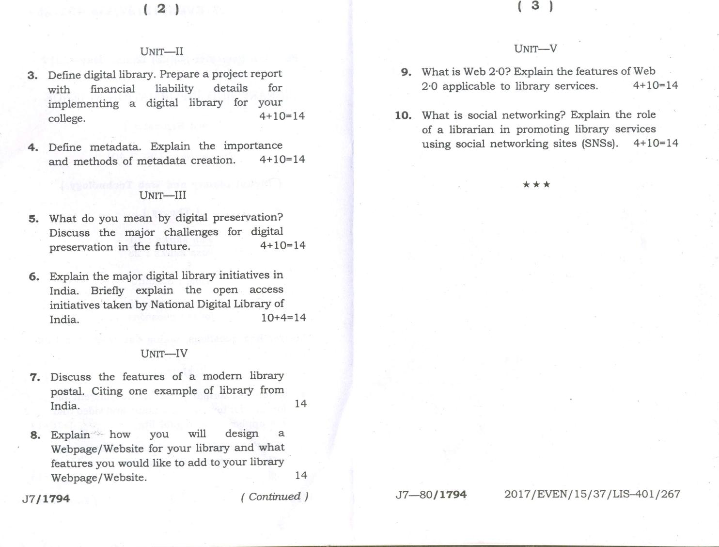 Assam University MLiSc (401) May-2017 Question Paper - Page 4
