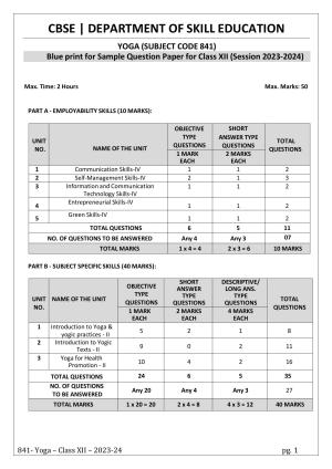 CBSE Class 12 (Skill Education) Yoga 2024 Sample Paper