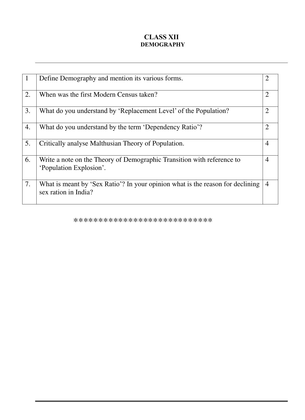 CBSE Class 12 Sociology Demography Worksheets - Page 1