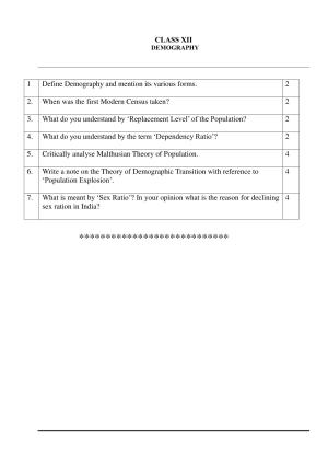 CBSE Class 12 Sociology Demography Worksheets
