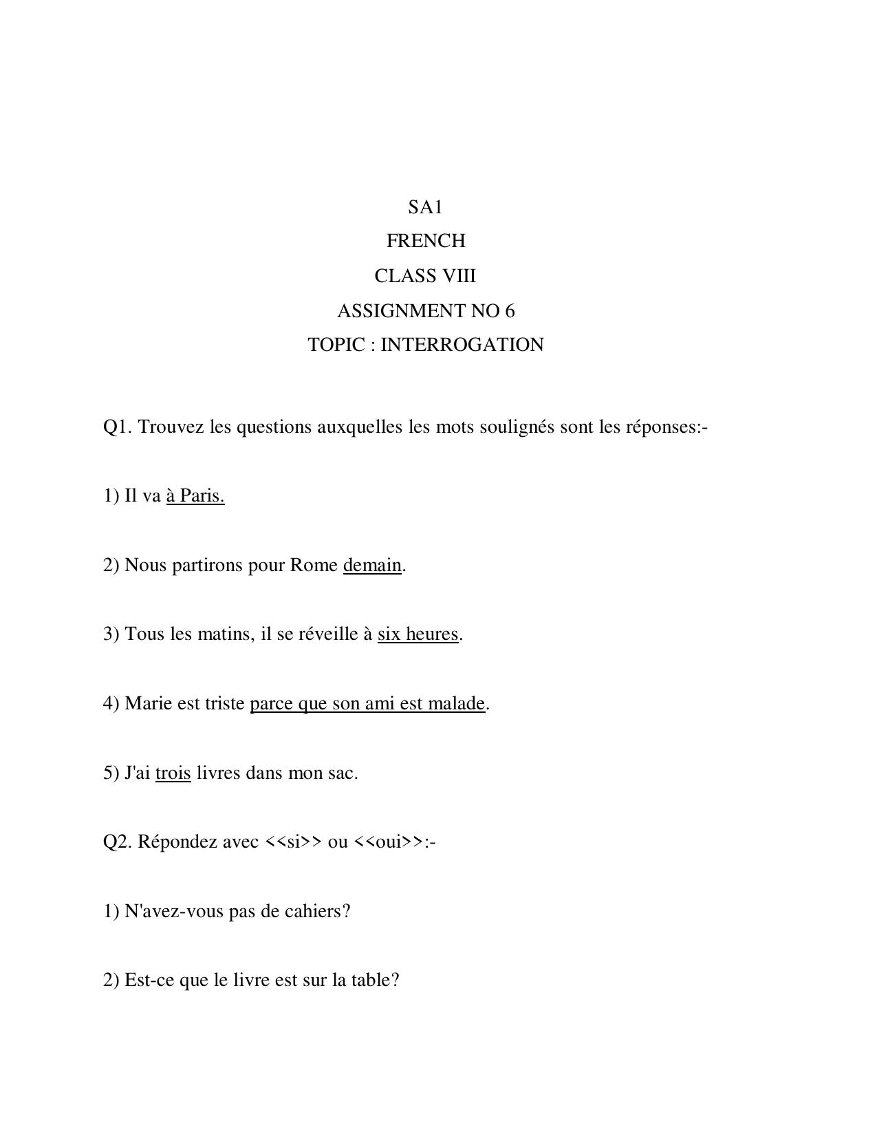 CBSE Worksheets for Class 8 French Assignment 6 - Page 1