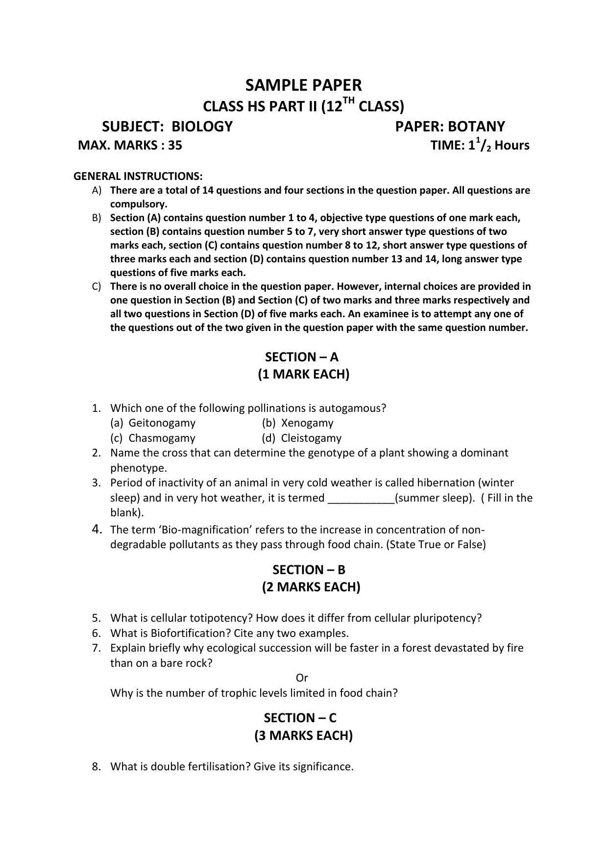 JKBOSE Class 12 Botany Model Question Paper 2023 - Page 1