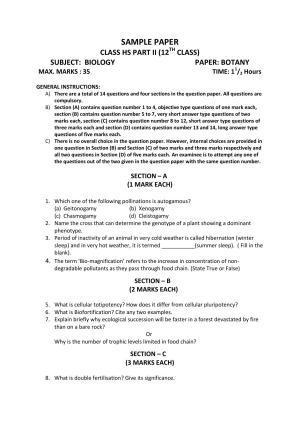 JKBOSE Class 12 Botany Model Question Paper 2023
