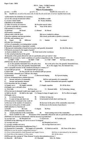 Hemchand North Gujarat University Sample Paper July-Sept 2021: B B A Sem – I  Micro Economics Paper Code - 3054 (Old Course)