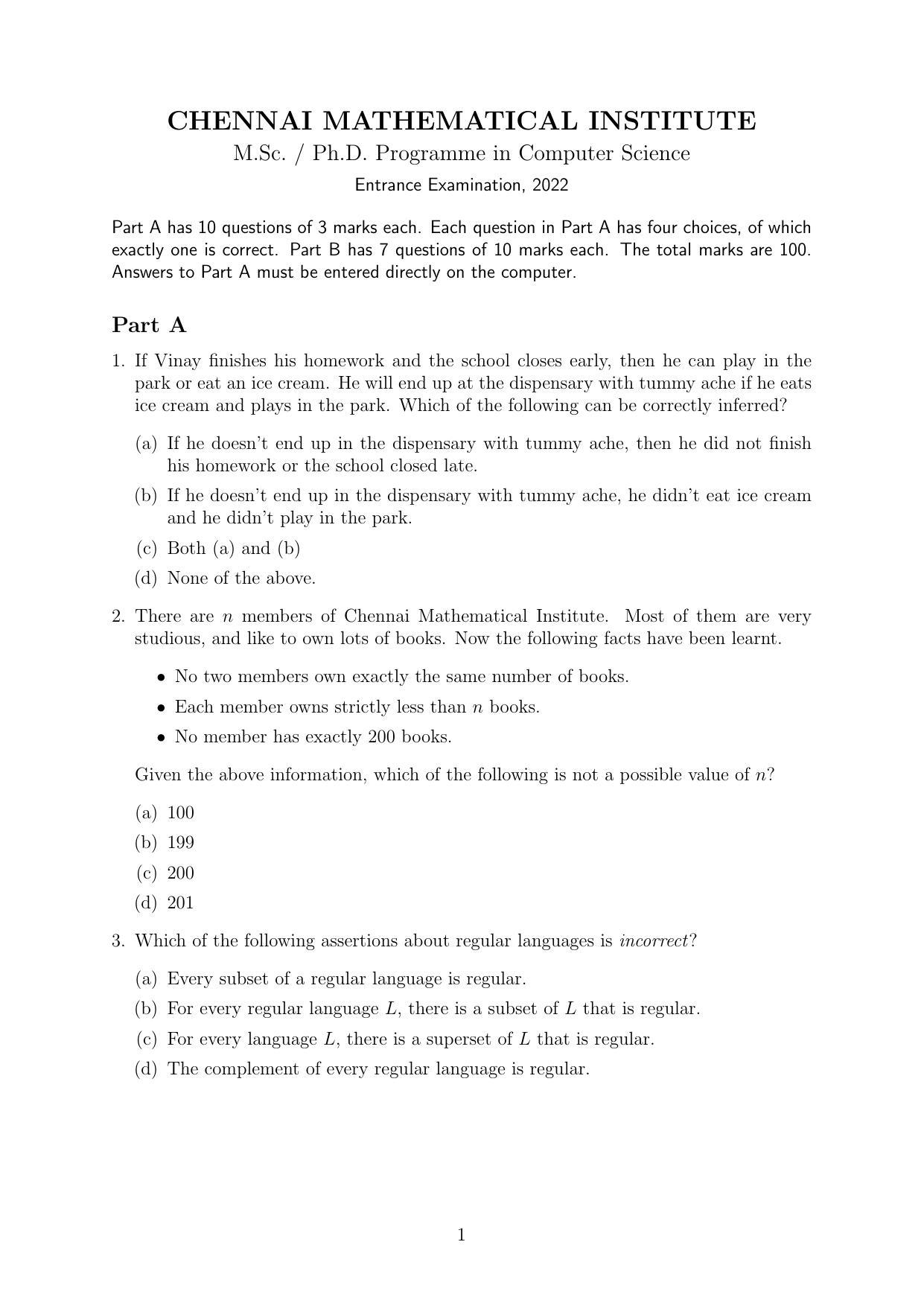 CMI Entrance Exam 2022 Question Paper MSc/PhD Computer Science - Page 1