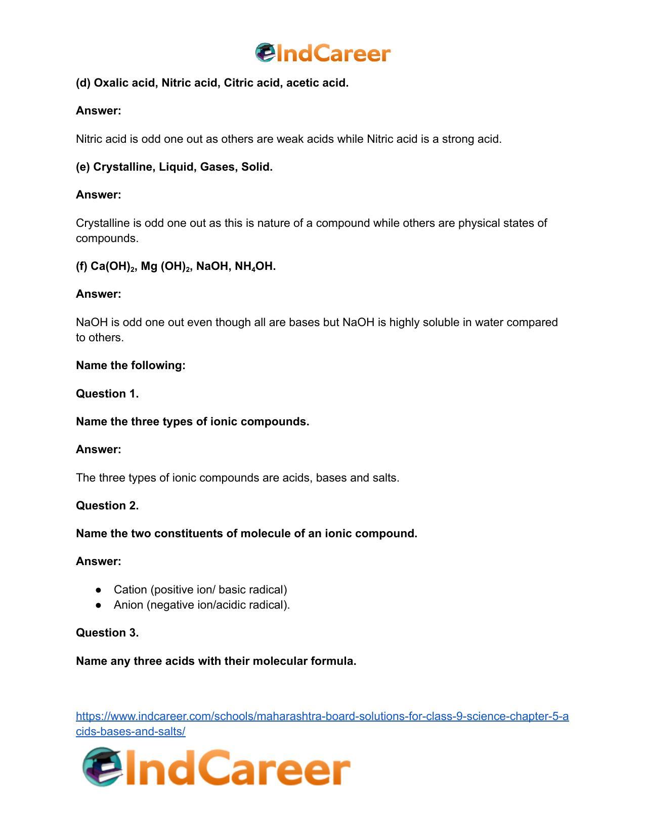 Maharashtra Board Solutions for Class 9- Science: Chapter 5- Acids, Bases and Salts - Page 37