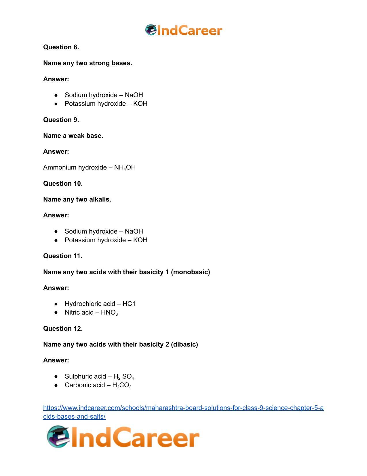 Maharashtra Board Solutions for Class 9- Science: Chapter 5- Acids, Bases and Salts - Page 39