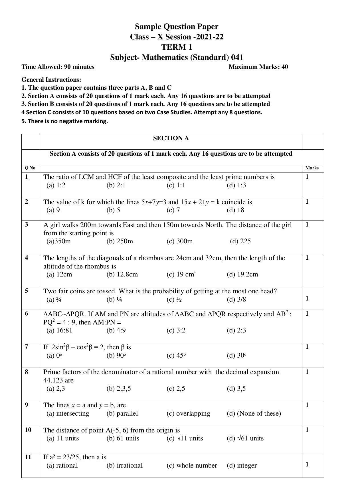 CBSE Class 10 Mathematics (Standard) Sample Paper 2021-22 - Page 1