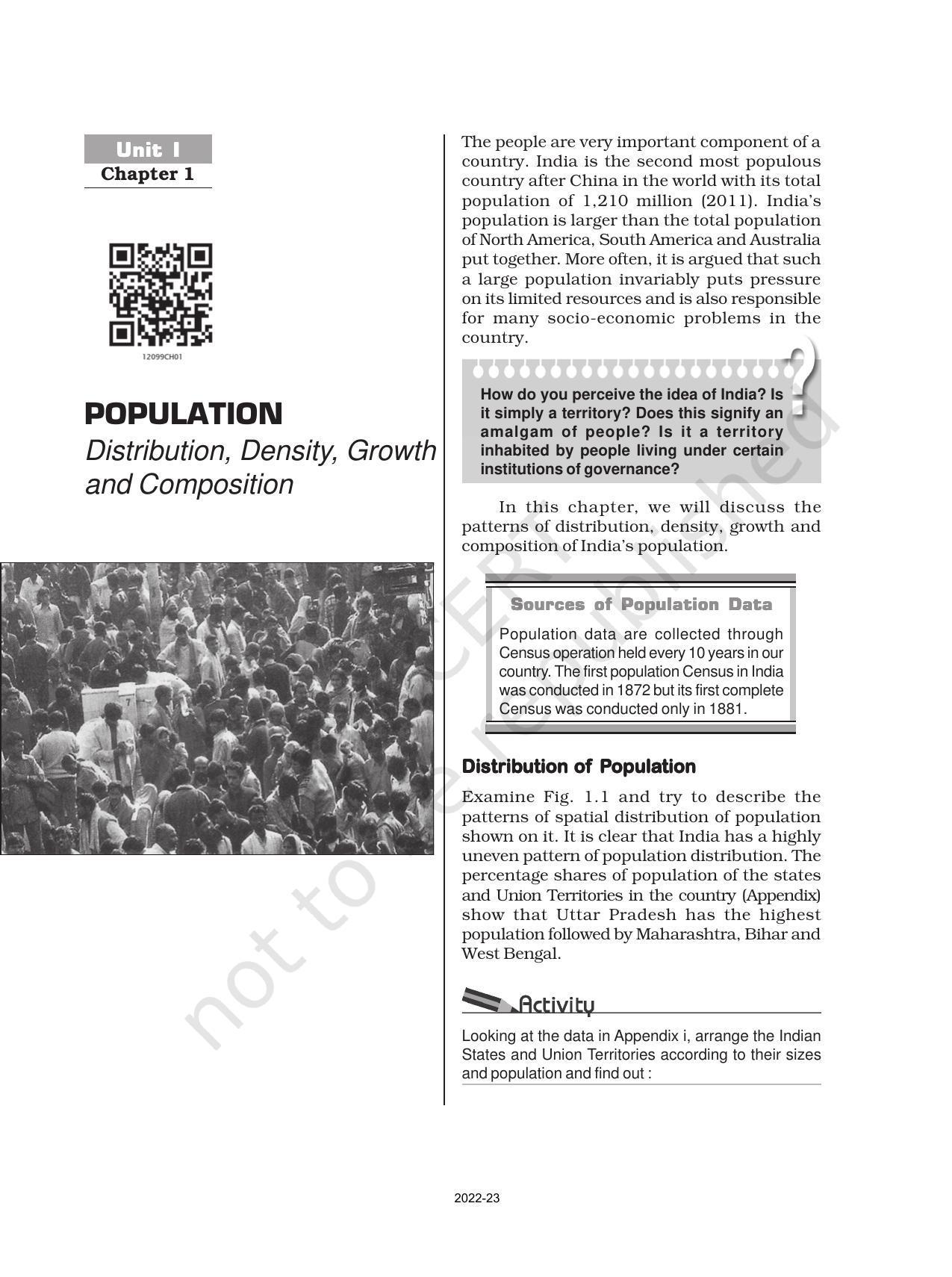 NCERT Book for Class 12 Geography (Part-II) Chapter 1 Population: Distribution, Density, Growth, and Composition - Page 1