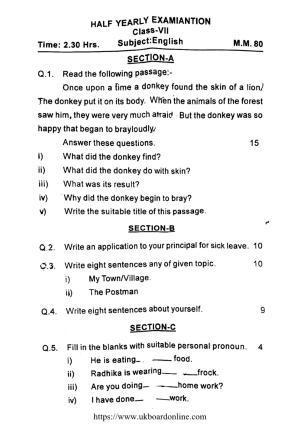 UBSE Class 7 HY ENGLISH 2021 Question Paper
