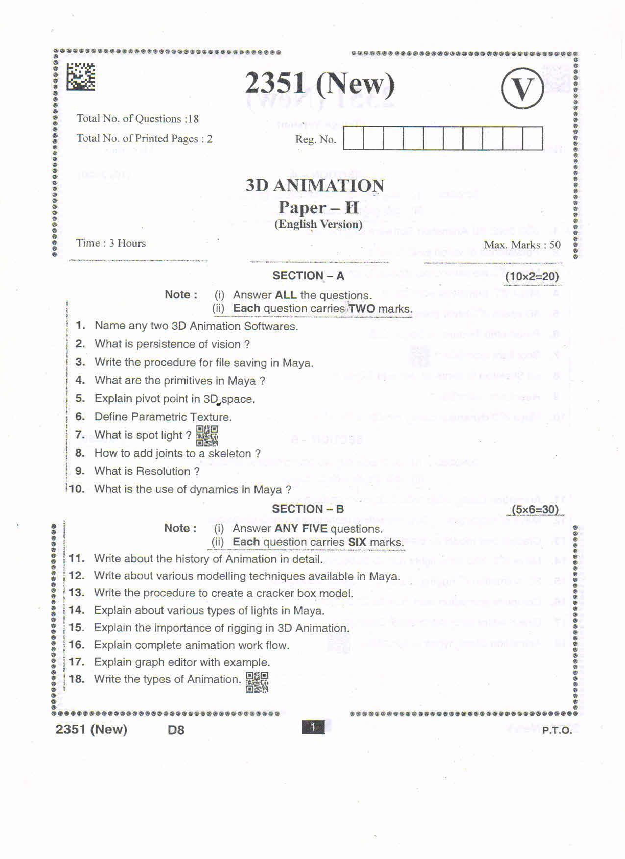AP Intermediate 2nd Year Vocational Question Paper September-2021 -  3-D_Animation-II - Page 1