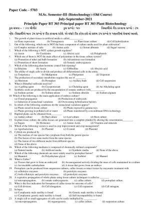 Hemchand North Gujarat University Sample Paper July-Sept 2021: M.Sc. Semester-III BT - 303 Plant Biotechnology Paper Code – 5703 (Old Course)