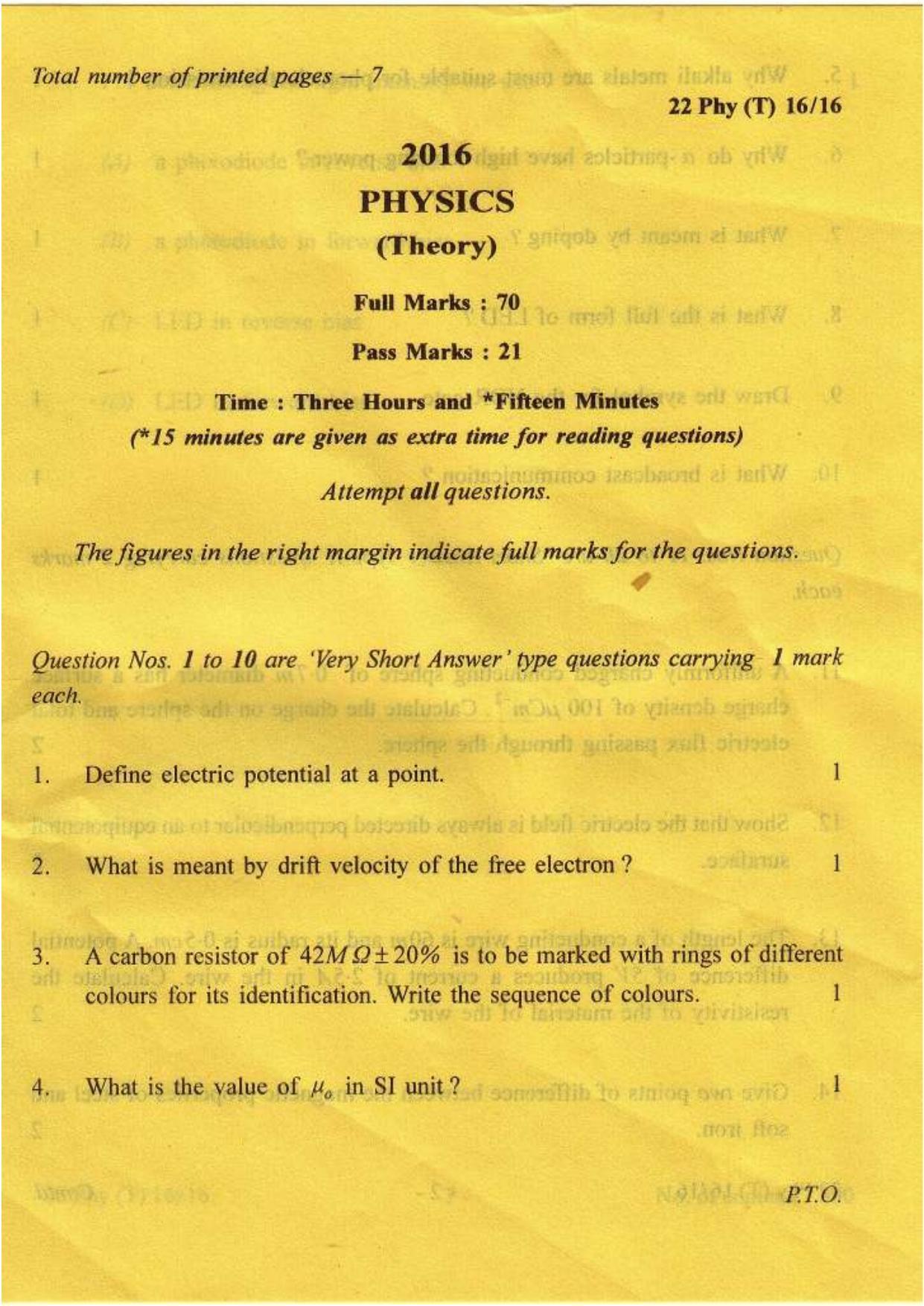 COHSEM Class 12 Physics 2016 Question Papers - Page 1