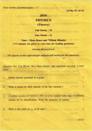 COHSEM Class 12 Physics 2016 Question Papers