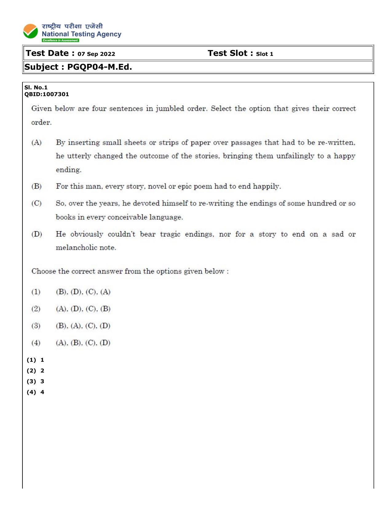 CUET (PG) 2022: PGQP-04 M.Ed (07-09-2022) Question Paper - Page 1