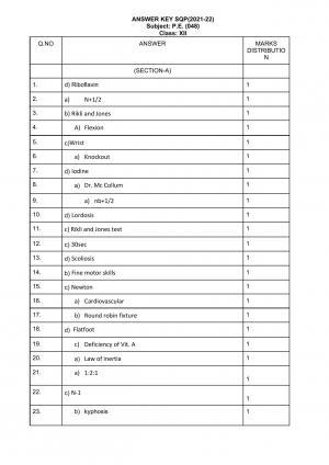 CBSE Class 12th Physical Education Sample Question Paper Answer Key 2021-22