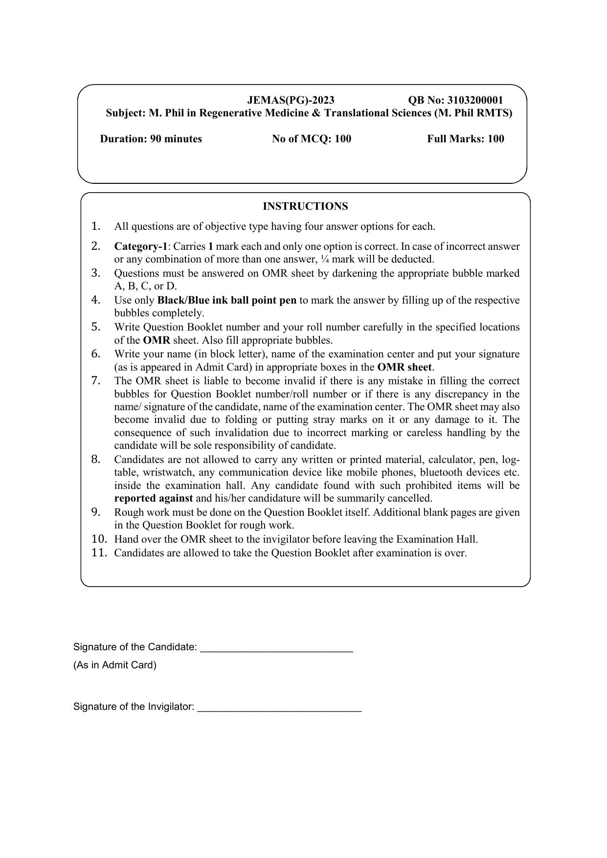 WB JEMAS (PG) MPhil RMTS 2023 Question Paper - Page 1