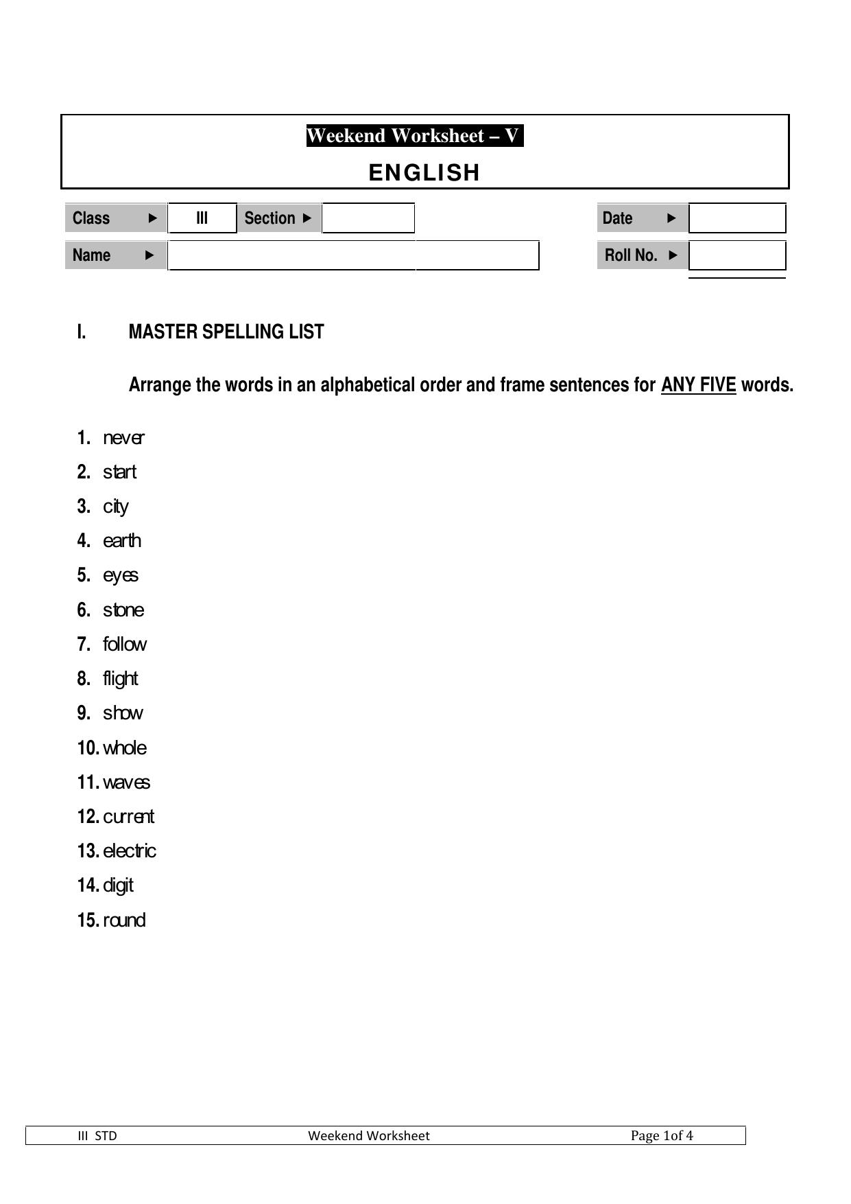 Worksheet for Class 3 English Assignment 42 - Page 1