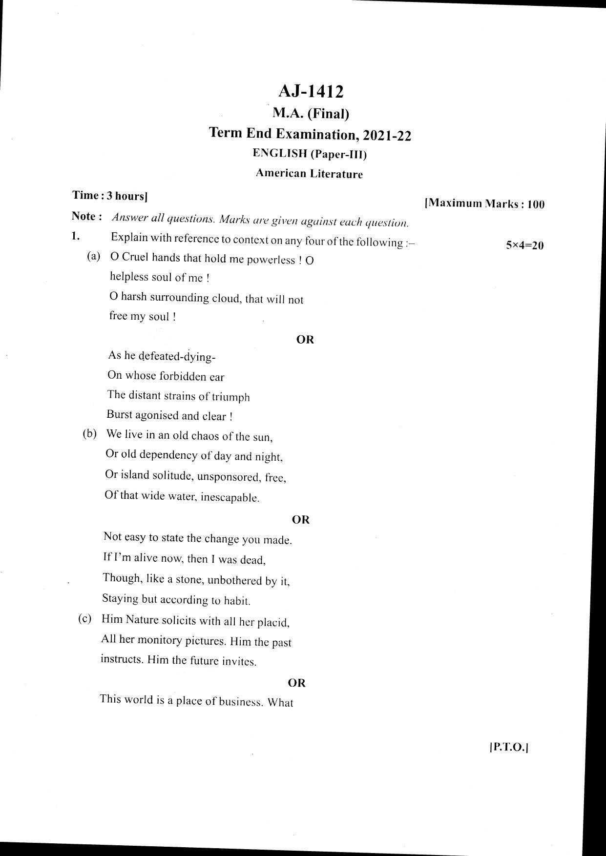 Bilaspur University Question Paper 2021-2022:M.A (Final) English American Literature paper 1 - Page 1